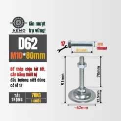 Chân Tăng Chỉnh Đế Thép Mạ Kẽm (M10, M12, M16) chan tang chinh de thep d62m10l80 - Cơ Khí Nemo