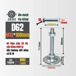 Chân Tăng Chỉnh Đế Thép Mạ Kẽm (M10, M12, M16) chan tang chinh de thep d62m12l100 - Cơ Khí Nemo