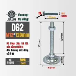 Chân Tăng Chỉnh Đế Thép Mạ Kẽm (M10, M12, M16) chan tang chinh de thep d62m12l120 - Cơ Khí Nemo