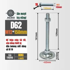 Chân Tăng Chỉnh Đế Thép Mạ Kẽm (M10, M12, M16) chan tang chinh de thep d62m12l150 - Cơ Khí Nemo