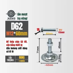 Chân Tăng Chỉnh Đế Thép Mạ Kẽm (M10, M12, M16) chan tang chinh de thep d62m12l60 - Cơ Khí Nemo