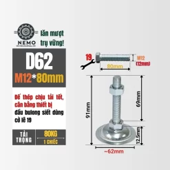Chân Tăng Chỉnh Đế Thép Mạ Kẽm (M10, M12, M16) chan tang chinh de thep d62m12l80 - Cơ Khí Nemo