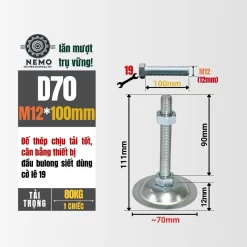 Chân Tăng Chỉnh Đế Thép Mạ Kẽm (M10, M12, M16) chan tang chinh de thep d70m12l100 - Cơ Khí Nemo