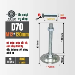 Chân Tăng Chỉnh Đế Thép Mạ Kẽm (M10, M12, M16) chan tang chinh de thep d70m12l120 - Cơ Khí Nemo