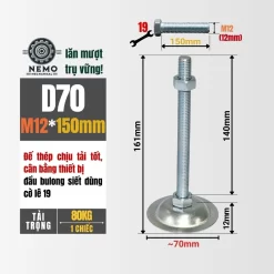 Chân Tăng Chỉnh Đế Thép Mạ Kẽm (M10, M12, M16) chan tang chinh de thep d70m12l150 - Cơ Khí Nemo