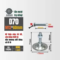 Chân Tăng Chỉnh Đế Thép Mạ Kẽm (M10, M12, M16) chan tang chinh de thep d70m12l60 - Cơ Khí Nemo