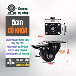 Bánh xe lùn (thấp) chịu tải nặng banh nylon lun chiu tai nang duong kinh 5cm - Cơ Khí Nemo (chi tiết 2)
