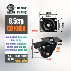 Bánh xe lùn (thấp) chịu tải nặng banh nylon lun chiu tai nang duong kinh 6.5cm - Cơ Khí Nemo (chi tiết 2)
