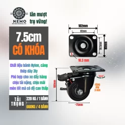 Bánh xe lùn (thấp) chịu tải nặng banh nylon lun chiu tai nang duong kinh 7.5cm - Cơ Khí Nemo (chi tiết 2)