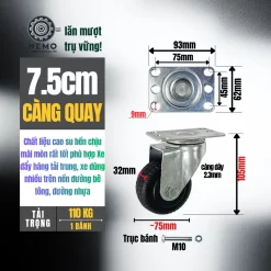 Bánh xe cao su chịu mài mòn mặt bích banh xe cao su chiu mai mon 7.5cm quay - Cơ Khí Nemo