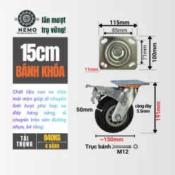 Bánh xe cao su chịu mài mòn tải nặng, càng 5.5 ly 15cm 4 khoa - Cơ Khí Nemo