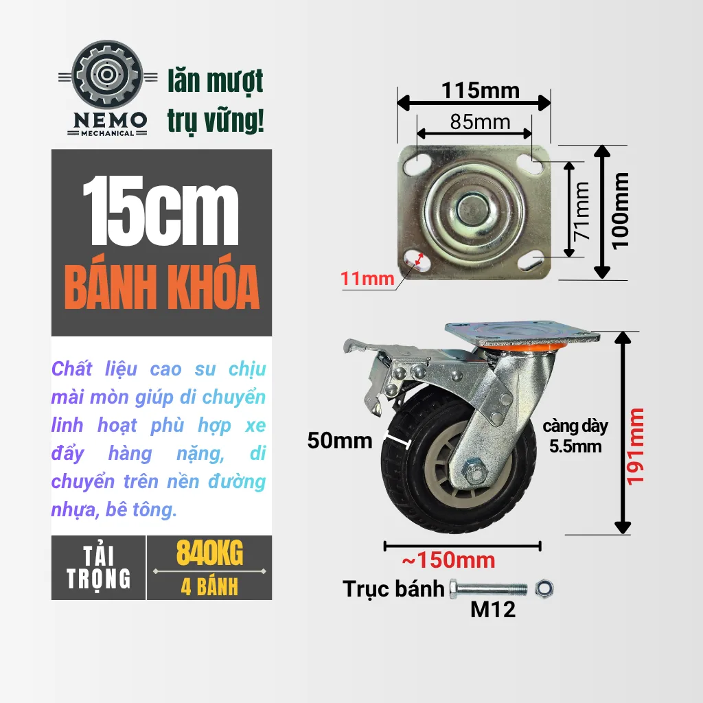 Bánh xe cao su chịu mài mòn tải nặng, càng 5.5 ly 15cm 4 khoa - Cơ Khí Nemo