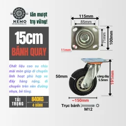Bánh xe cao su chịu mài mòn tải nặng, càng 5.5 ly 15cm banh quay - Cơ Khí Nemo