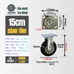 Bánh xe cao su chịu mài mòn tải nặng, càng 5.5 ly 15cm banh tinh - Cơ Khí Nemo