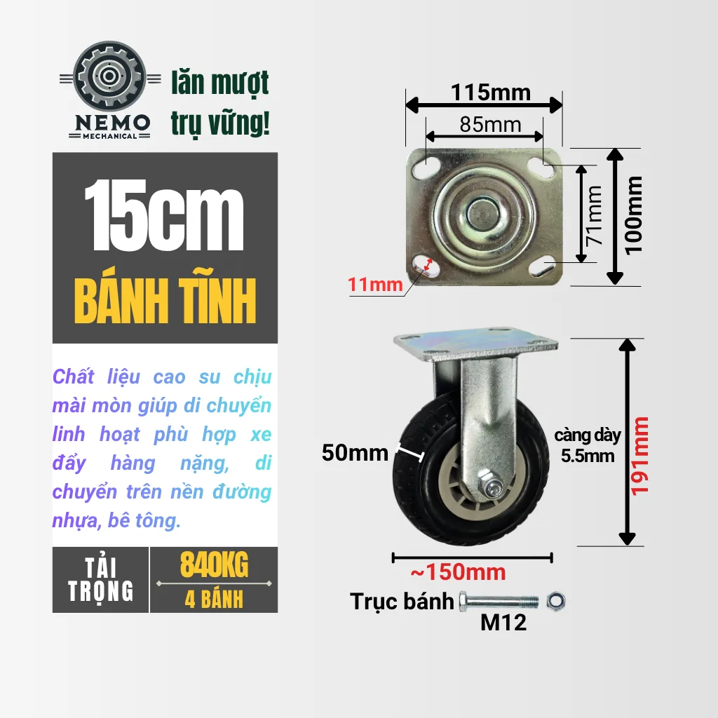 Bánh xe cao su chịu mài mòn tải nặng, càng 5.5 ly 15cm banh tinh - Cơ Khí Nemo
