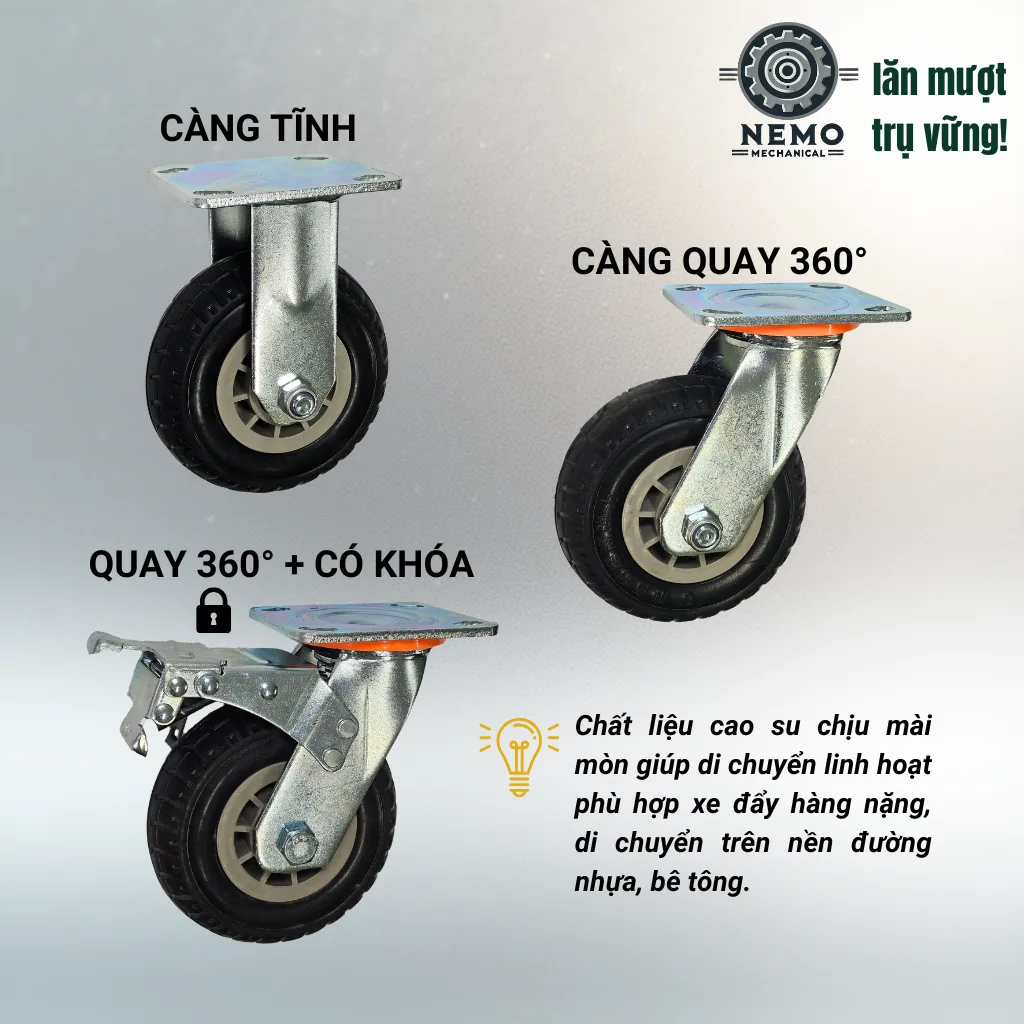 Bánh xe cao su chịu mài mòn tải nặng, càng 5.5 ly banh xe cao su mai mon tai nang d150 chung loai - Cơ Khí Nemo