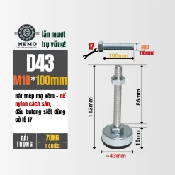 Chân Tăng Chỉnh Chống Rung Đế Nylon (M10, M12) chan tang chinh chong rung d43m10l100 - Cơ Khí Nemo