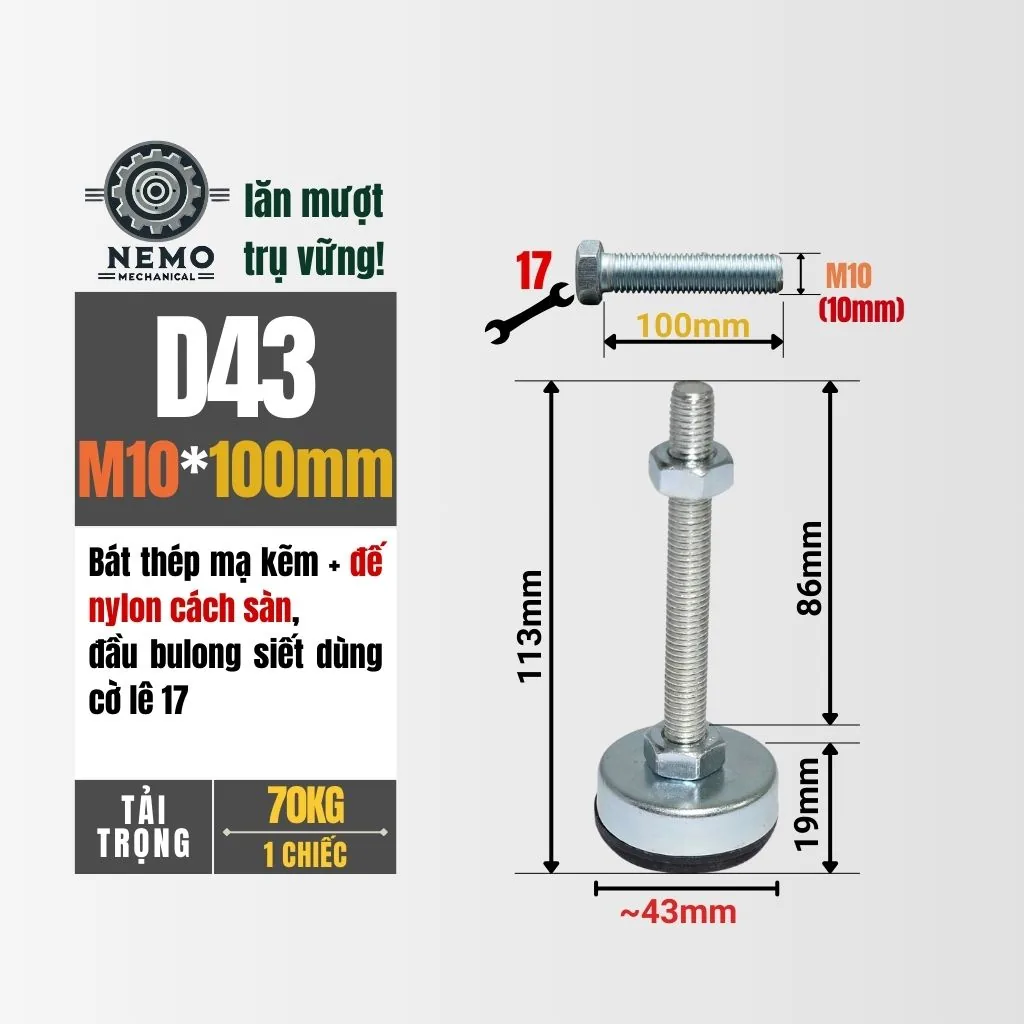 Chân Tăng Chỉnh Chống Rung Đế Nylon (M10, M12) chan tang chinh chong rung d43m10l100 - Cơ Khí Nemo