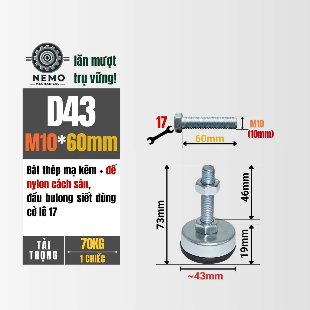 Chân Tăng Chỉnh Chống Rung Đế Nylon (M10, M12) chan tang chinh chong rung d43m10l60 - Cơ Khí Nemo