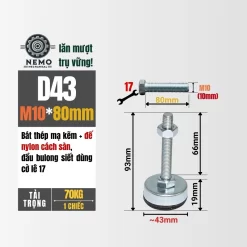 Chân Tăng Chỉnh Chống Rung Đế Nylon (M10, M12) chan tang chinh chong rung d43m10l80 - Cơ Khí Nemo