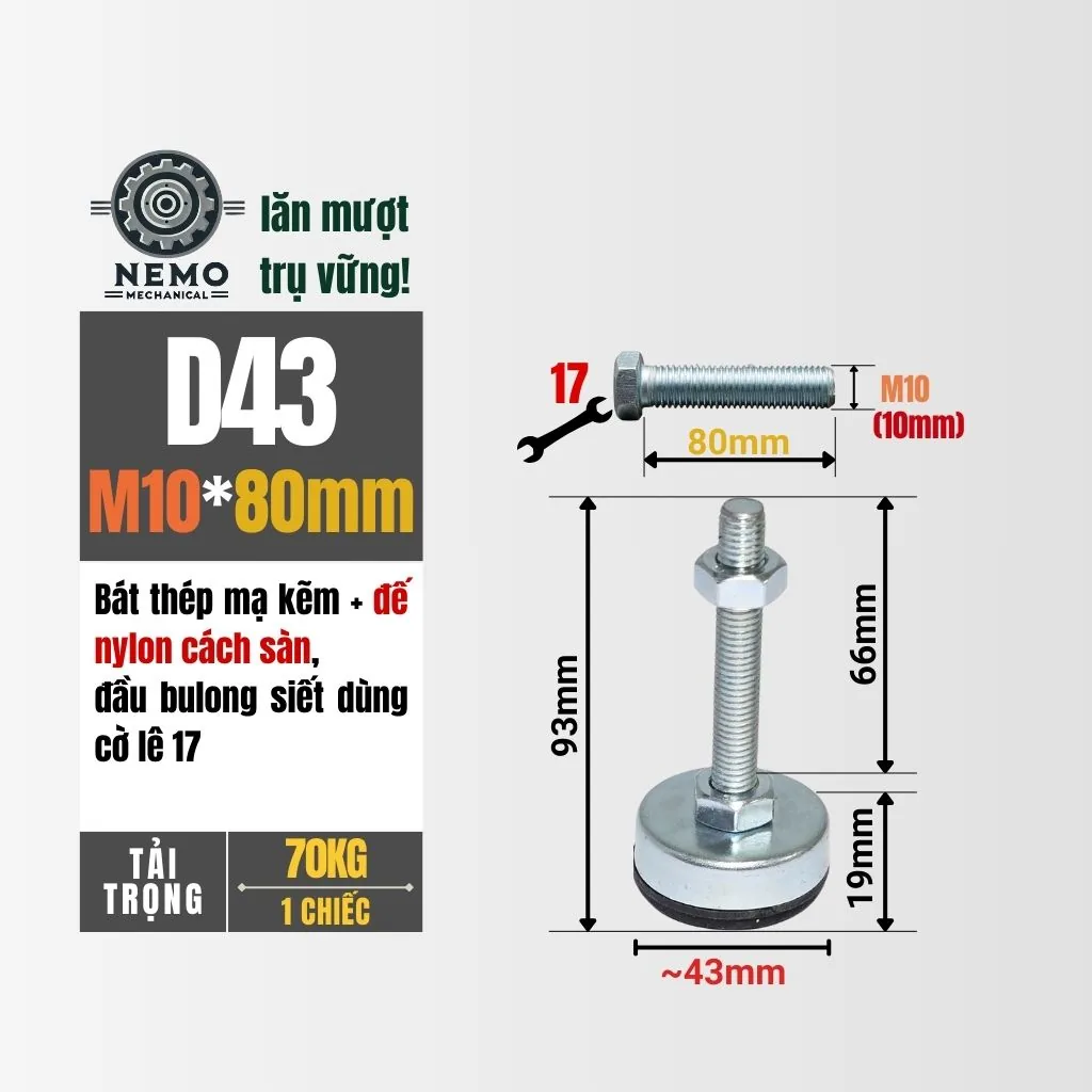 Chân Tăng Chỉnh Chống Rung Đế Nylon (M10, M12) chan tang chinh chong rung d43m10l80 - Cơ Khí Nemo