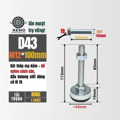 Chân Tăng Chỉnh Chống Rung Đế Nylon (M10, M12) chan tang chinh chong rung d43m12l100 - Cơ Khí Nemo