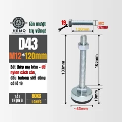 Chân Tăng Chỉnh Chống Rung Đế Nylon (M10, M12) chan tang chinh chong rung d43m12l120 - Cơ Khí Nemo