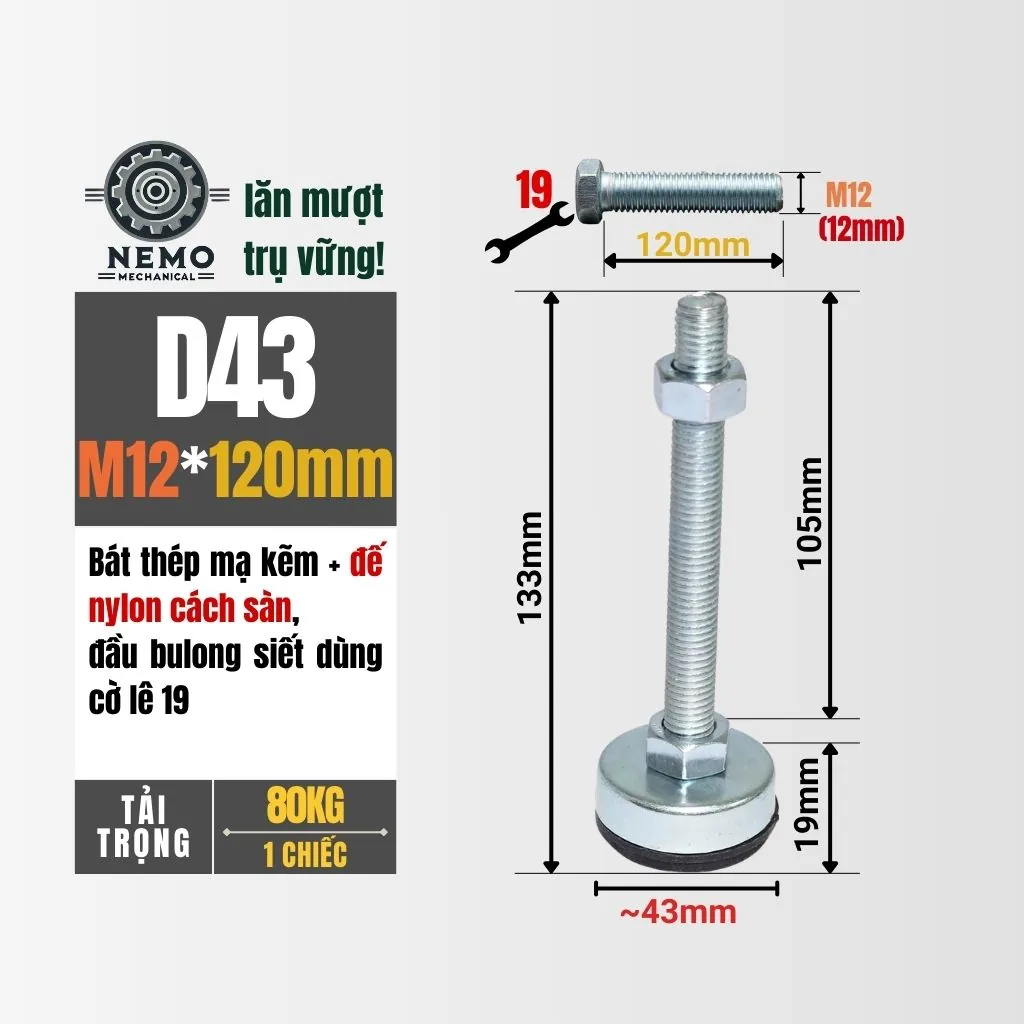 Chân Tăng Chỉnh Chống Rung Đế Nylon (M10, M12) chan tang chinh chong rung d43m12l120 - Cơ Khí Nemo
