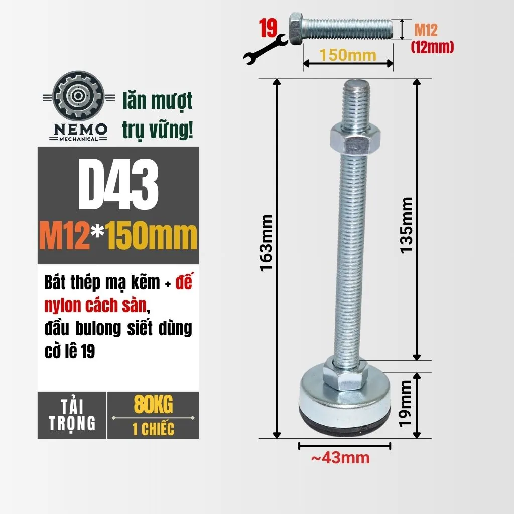 Chân Tăng Chỉnh Chống Rung Đế Nylon (M10, M12) chan tang chinh chong rung d43m12l150 - Cơ Khí Nemo