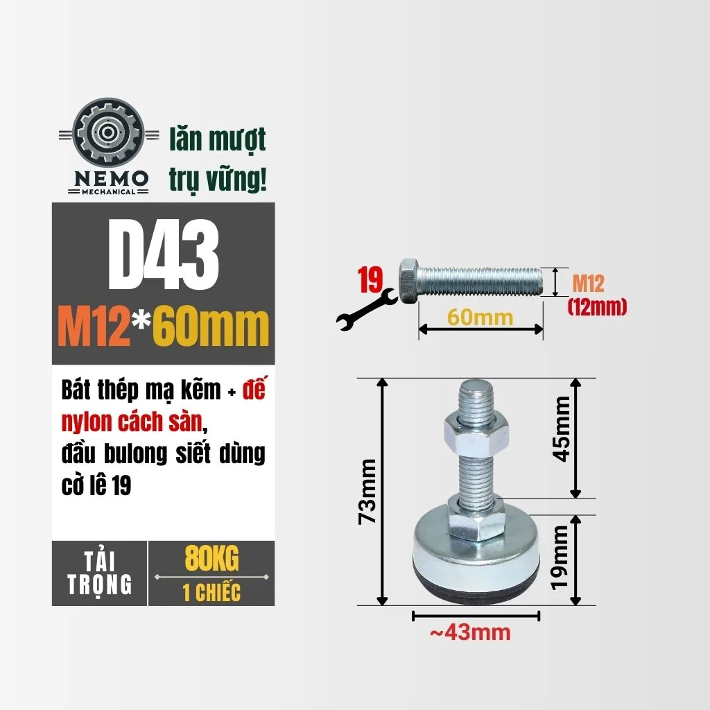 Chân Tăng Chỉnh Chống Rung Đế Nylon (M10, M12) chan tang chinh chong rung d43m12l60 - Cơ Khí Nemo