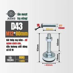 Chân Tăng Chỉnh Chống Rung Đế Nylon (M10, M12) chan tang chinh chong rung d43m12l80 - Cơ Khí Nemo