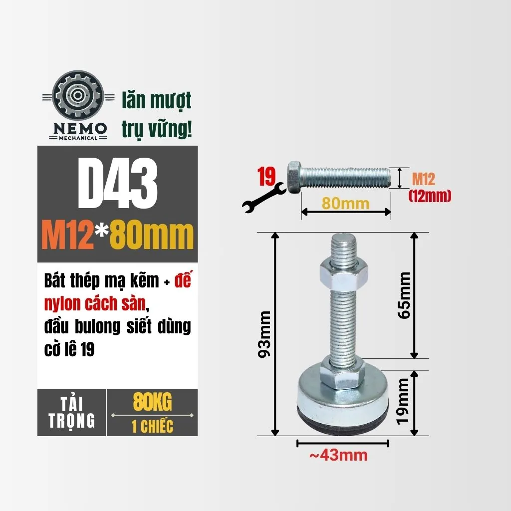Chân Tăng Chỉnh Chống Rung Đế Nylon (M10, M12) chan tang chinh chong rung d43m12l80 - Cơ Khí Nemo