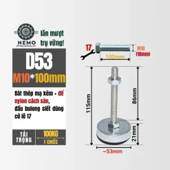 Chân Tăng Chỉnh Chống Rung Đế Nylon (M10, M12) chan tang chinh chong rung d53m10l100 - Cơ Khí Nemo