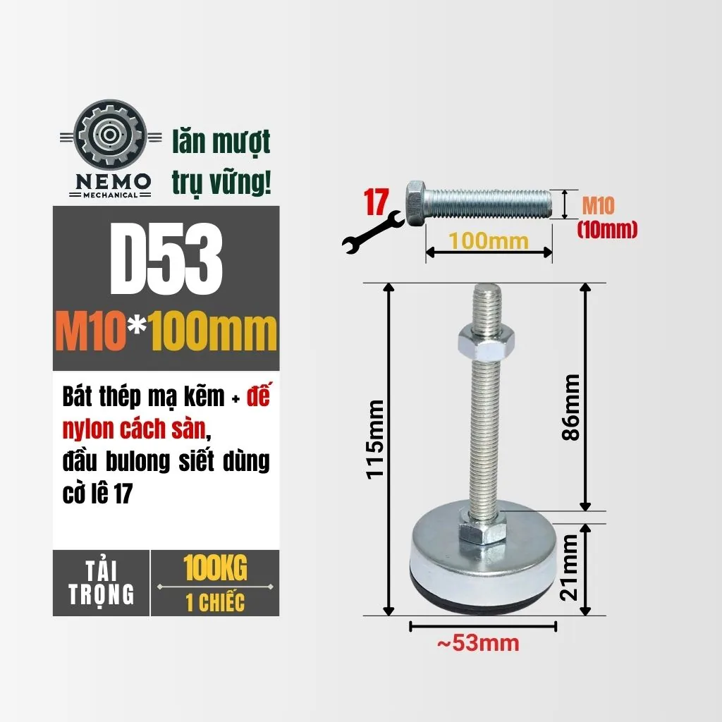 Chân Tăng Chỉnh Chống Rung Đế Nylon (M10, M12) chan tang chinh chong rung d53m10l100 - Cơ Khí Nemo