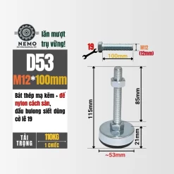 Chân Tăng Chỉnh Chống Rung Đế Nylon (M10, M12) chan tang chinh chong rung d53m12l100 - Cơ Khí Nemo
