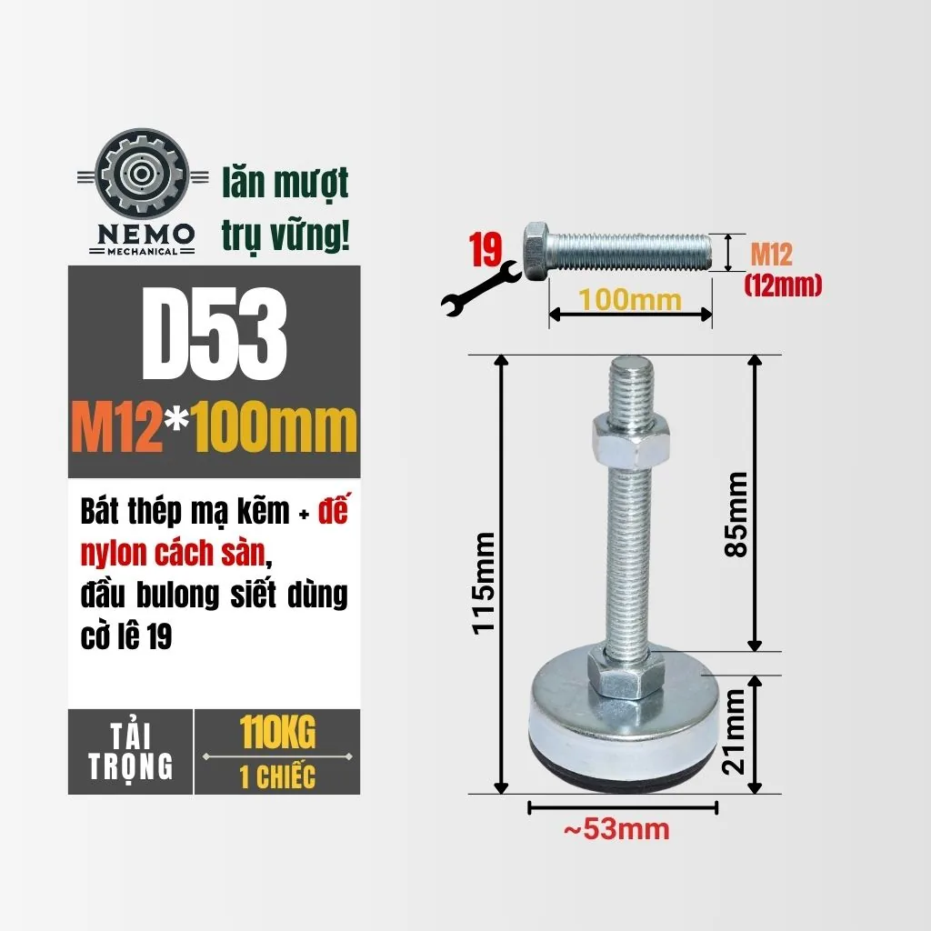 Chân Tăng Chỉnh Chống Rung Đế Nylon (M10, M12) chan tang chinh chong rung d53m12l100 - Cơ Khí Nemo