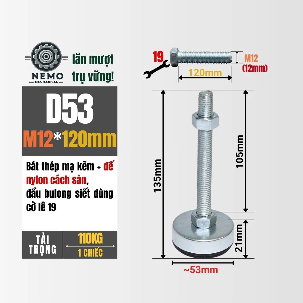 Chân Tăng Chỉnh Chống Rung Đế Nylon (M10, M12) chan tang chinh chong rung d53m12l120 - Cơ Khí Nemo