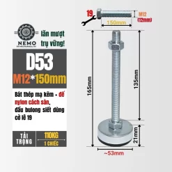 Chân Tăng Chỉnh Chống Rung Đế Nylon (M10, M12) chan tang chinh chong rung d53m12l150 - Cơ Khí Nemo