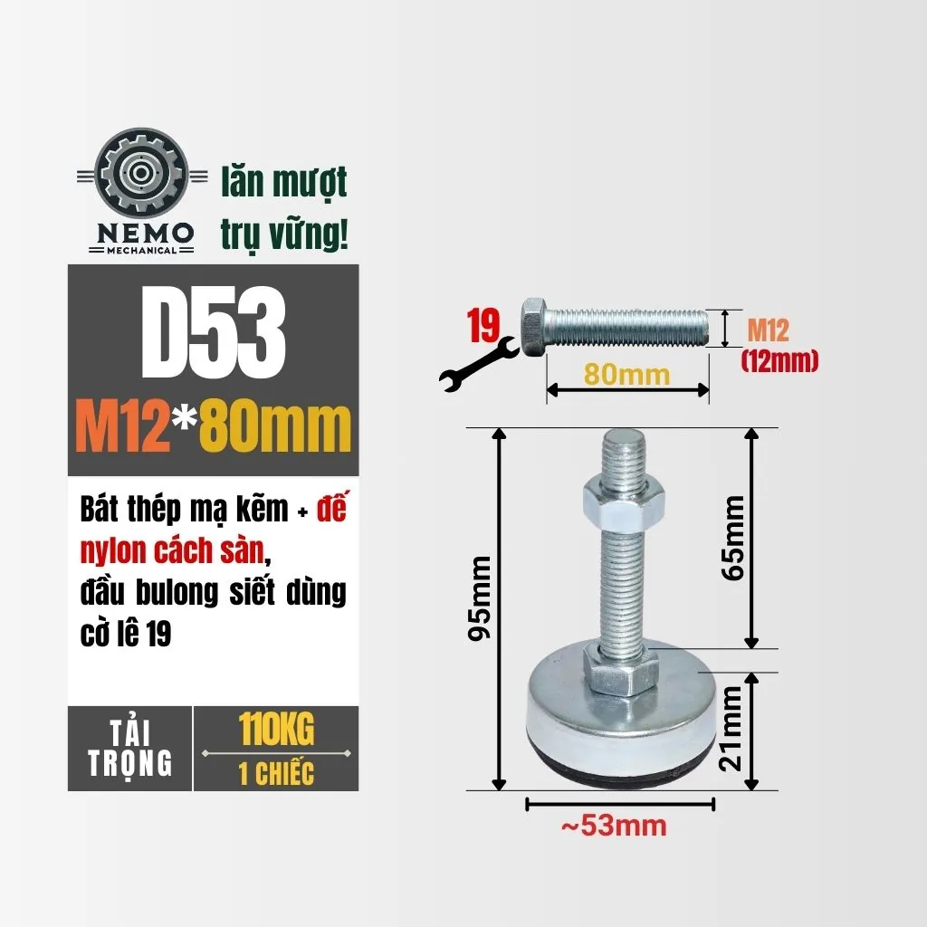 Chân Tăng Chỉnh Chống Rung Đế Nylon (M10, M12) chan tang chinh chong rung d53m12l80 - Cơ Khí Nemo