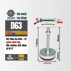 Chân Tăng Chỉnh Chống Rung Đế Nylon (M10, M12) chan tang chinh chong rung d63m10l100 - Cơ Khí Nemo