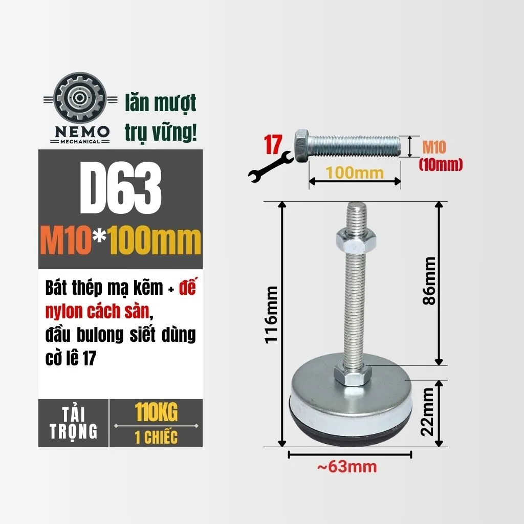 Chân Tăng Chỉnh Chống Rung Đế Nylon (M10, M12) chan tang chinh chong rung d63m10l100 - Cơ Khí Nemo