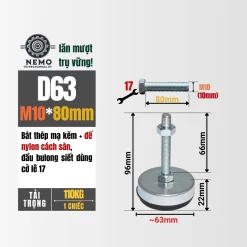 Chân Tăng Chỉnh Chống Rung Đế Nylon (M10, M12) chan tang chinh chong rung d63m10l80 - Cơ Khí Nemo