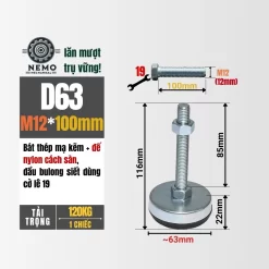 Chân Tăng Chỉnh Chống Rung Đế Nylon (M10, M12) chan tang chinh chong rung d63m12l100 - Cơ Khí Nemo