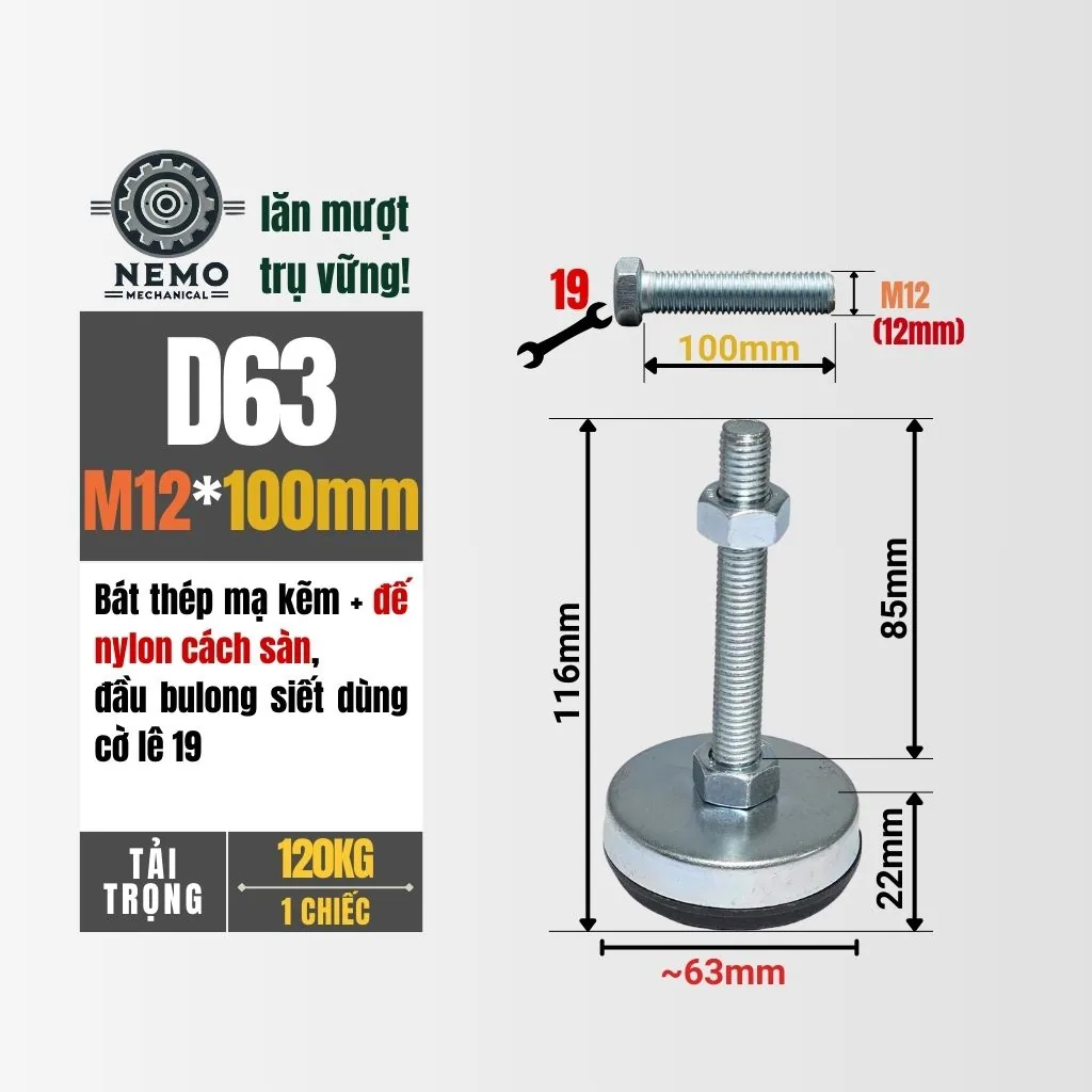 Chân Tăng Chỉnh Chống Rung Đế Nylon (M10, M12) chan tang chinh chong rung d63m12l100 - Cơ Khí Nemo