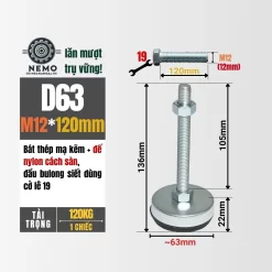 Chân Tăng Chỉnh Chống Rung Đế Nylon (M10, M12) chan tang chinh chong rung d63m12l120 - Cơ Khí Nemo