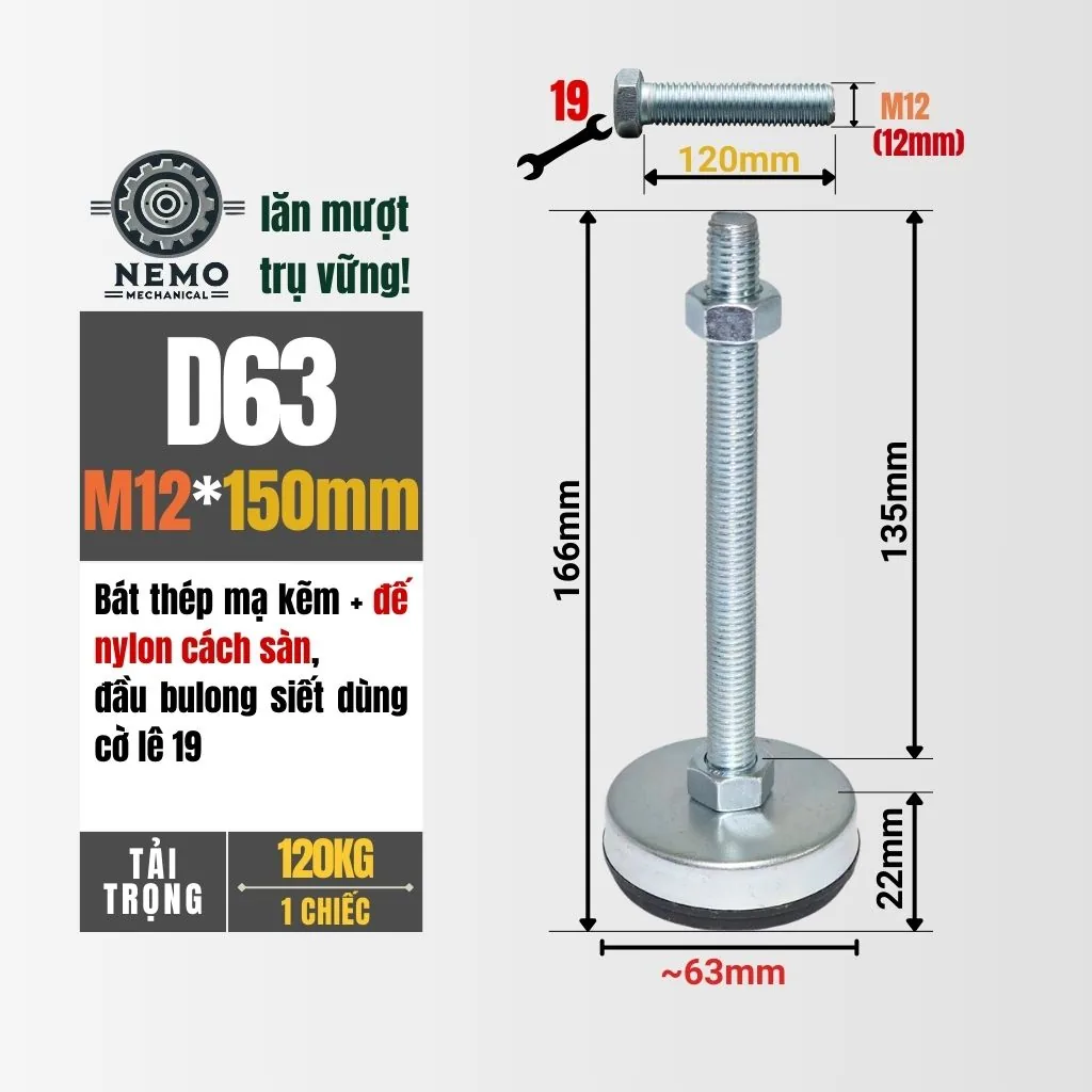 Chân Tăng Chỉnh Chống Rung Đế Nylon (M10, M12) chan tang chinh chong rung d63m12l150 - Cơ Khí Nemo