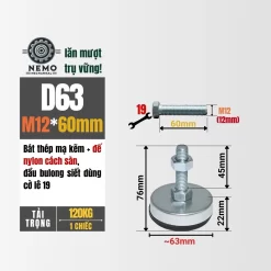 Chân Tăng Chỉnh Chống Rung Đế Nylon (M10, M12) chan tang chinh chong rung d63m12l60 - Cơ Khí Nemo