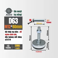 Chân Tăng Chỉnh Chống Rung Đế Nylon (M10, M12) chan tang chinh chong rung d63m12l80 - Cơ Khí Nemo