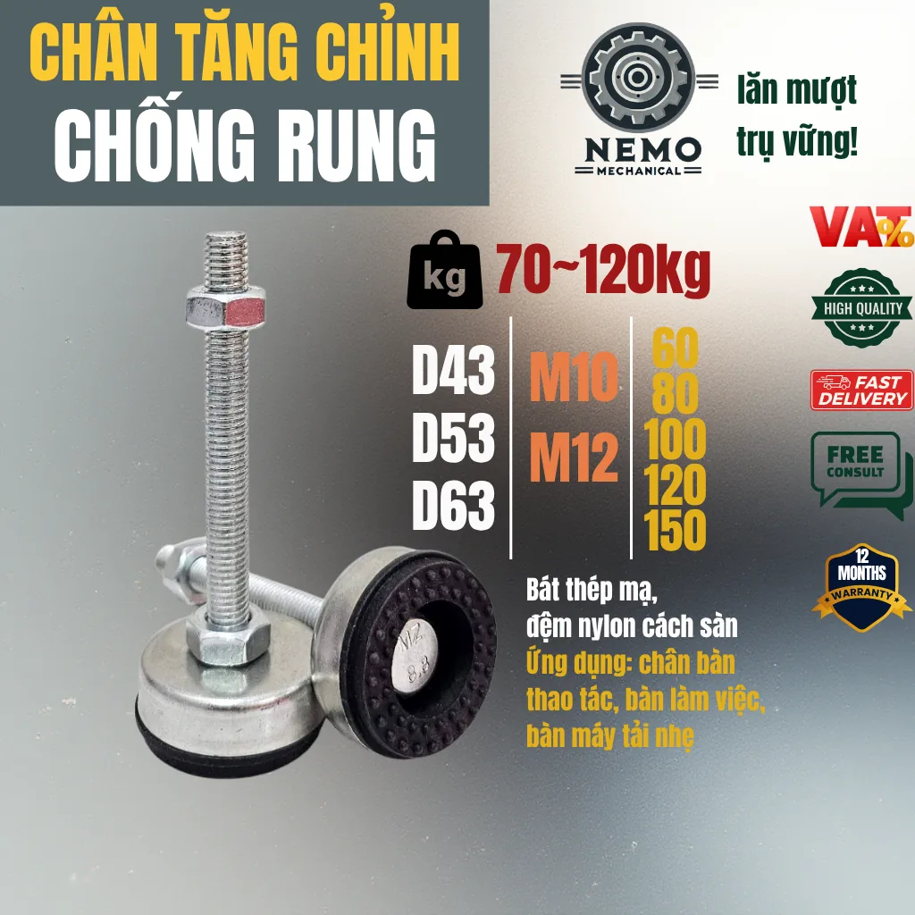 Chân Tăng Chỉnh Chống Rung Đế Nylon (M10, M12) - Cơ Khí Nemo