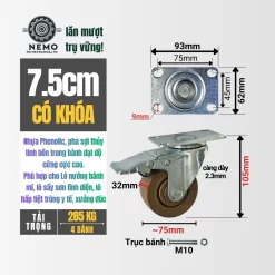 Bánh xe Phenolic chịu nhiệt độ cao banh xe chiu nhiet 7.5cm khoa - Cơ Khí Nemo